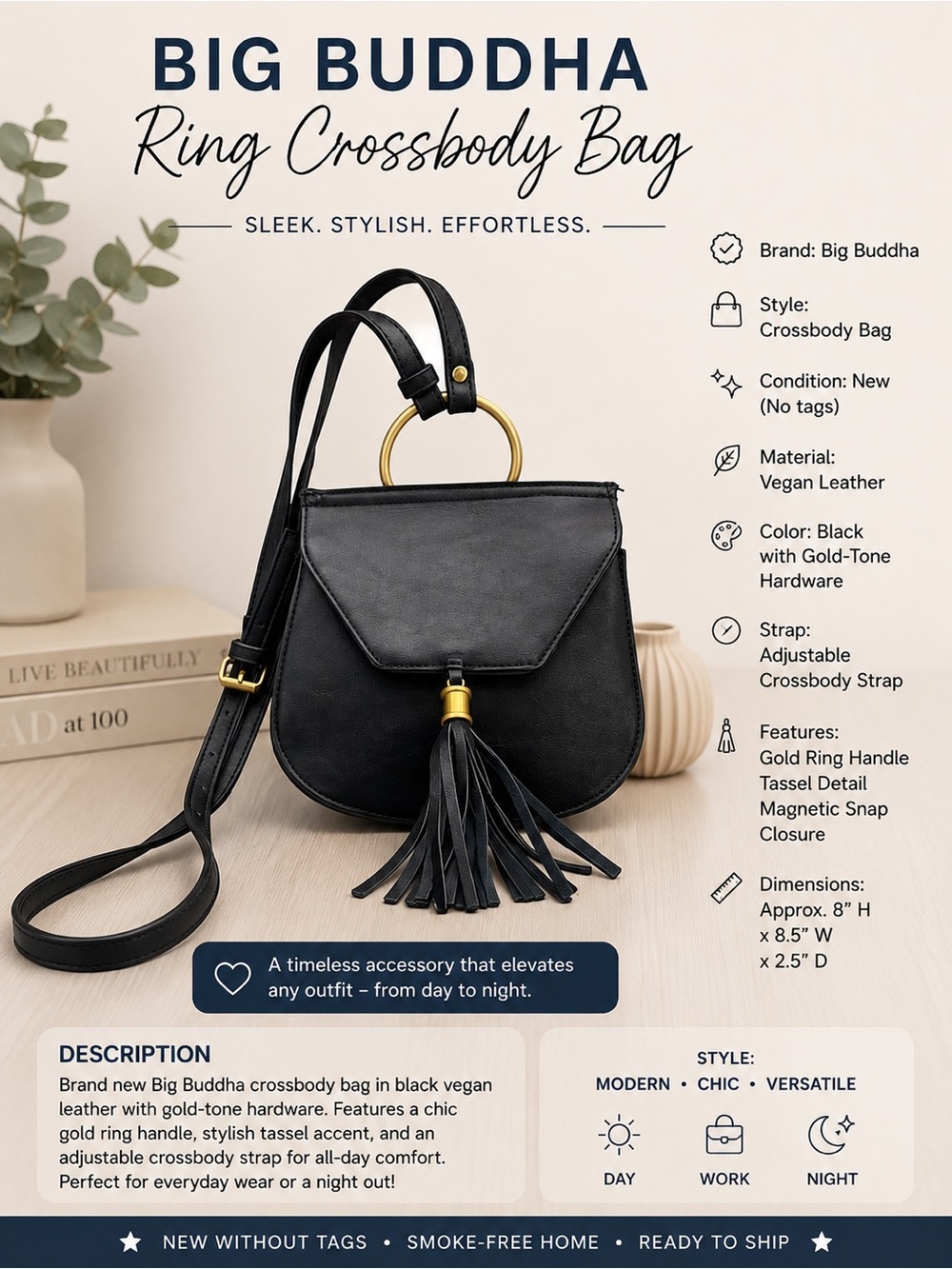 Big Buddha Black Crossbody Bag with Gold Ring and Tassel